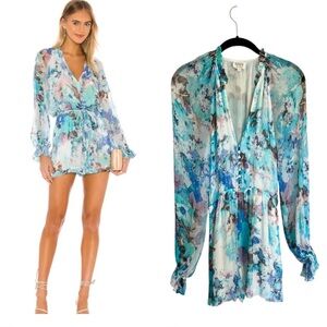 Hemant & Nandita Revolve Teien romper blue floral long sleeve small resort wear